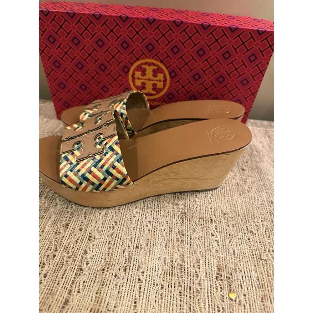 Tory Burch Ines Woven Multicolor Raffia Wedge Platform‎ Slide Sandals Sz-8